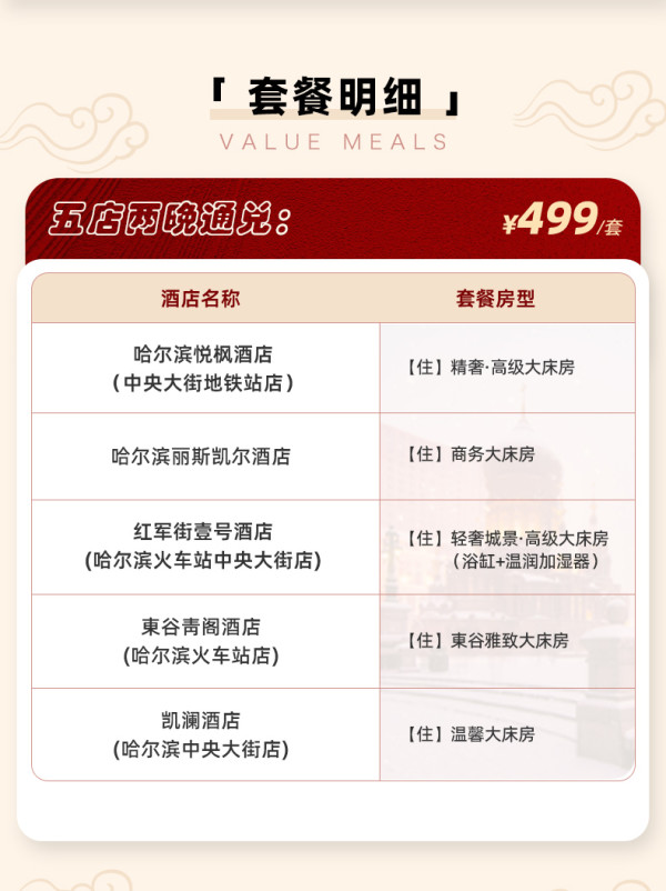 单晚249元,还都是好位置!哈尔滨雪季5店2晚通兑套餐