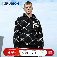FILA FUSION斐乐潮牌连帽卫衣款秋冬印花宽松时尚上衣男女同款 深黑-BK 170/92A/M