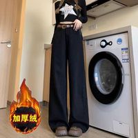 FOURDATRY黑色加绒加厚阔腿牛仔裤女2024年秋冬宽松高腰百搭显瘦直筒裤 黑色【版】 M