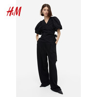 HM女装衬衫夏季时尚简约灯笼袖围裹式v领短袖上衣1168122