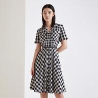 春装驳领格子配腰带醋酸衬衫裙短袖连衣裙