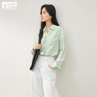 2024春装优雅双层叠门襟不对称贴袋女式翻领长袖衬衫