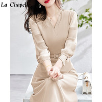 拉夏贝尔(La Chapelle) 连衣裙V领印花压皱雪纺拼接秋休闲收腰长袖中长款裙子 卡其 L