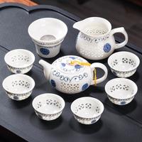 青花瓷玲珑茶具套装家用蜂窝镂空整套陶瓷功夫茶具泡茶壶茶杯盖碗