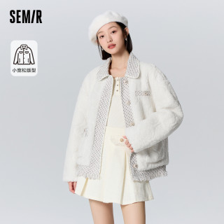 森马 Semir外套女翻领拼接毛绒毛边气质冬季宽松夹棉夹克小香风2023