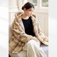 【AN大码系列】2024冬装复古仿羊羔毛外套女式格纹毛呢大衣