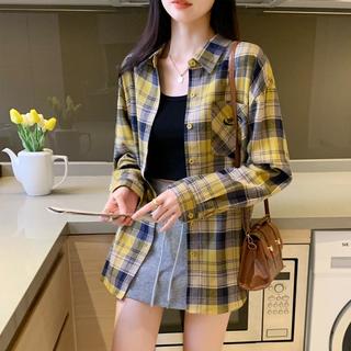 唐狮 TONLION24秋女翻领撞色格子长袖衬衫休闲慵懒风百搭韩系时髦