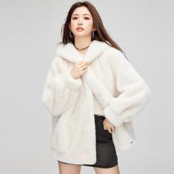I.T ccaabb时尚保暖防风毛绒连帽外套女环保皮草宽松显瘦仿貂绒