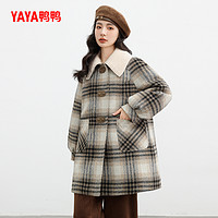 YAYA 鸭鸭羽绒服 女士2024冬季新品中长款时尚拼色格针织翻领鸭绒外套J