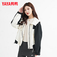 YAYA 鸭鸭羽绒服 鸭鸭（YAYA）外套女2024秋季新款女装时尚拼色休闲防风宽松连帽冲锋短外套上衣 米白色 S