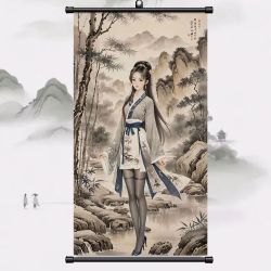 遇框缘 唐伯虎仕女图 有框装饰画 30X50