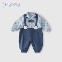 JELLYBABY婴儿加绒哈衣秋冬新生儿假两件爬服绅士秋季衣服男宝连体衣秋装 蓝色 73CM