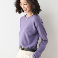 薇靡雅 WEIMIYA羊毛混纺春秋女士圆v领宽松短款套头上衣打底针织衫毛衣 紫色(圆领) S