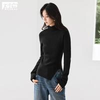 2024冬装正红色半高领打底针织衫高级感修身内搭开叉女式毛衣