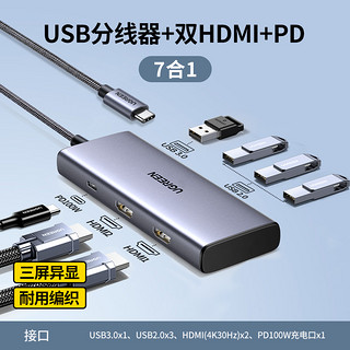 UGREEN 绿联 扩展坞【7合1三屏异显】USB3.0+USB2.0x3+HDMIx2+PD