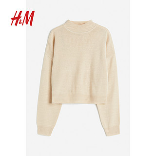 H&M 女装针织衫秋季罗纹圆领洋气长袖短款套衫1161768