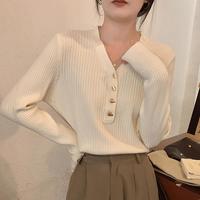 FOURDATRY2024秋季v领针织打底衫女感法式显瘦毛衣内搭长袖上衣 杏色 M 96-105斤