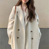 FOURDATRY100%澳洲羊毛大衣2024休闲长毛双面女翻领毛呢外套双排扣羊绒大衣 燕麦杏色 XS