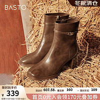 BASTO 百思图 2024冬季时尚潮流通勤时装靴粗跟方头女短靴M5106DD4 棕色 40