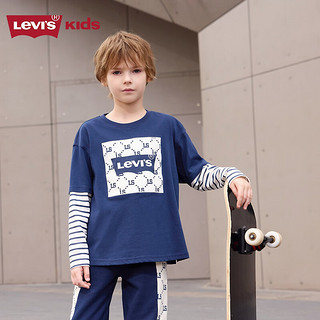 Levi's 李维斯 童装2024秋季男童假两件上衣儿童纯棉长袖t恤潮 深靛蓝 110/56