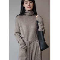 薇靡雅(WEIMIYA)高领针织连衣裙女2024秋高领针织连衣裙女 1335燕麦色 均码