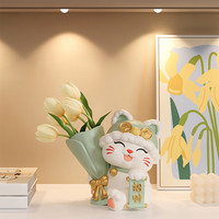 赟娅现代简约风捧花招财猫八方来财入门玄关电视柜装饰品乔迁新居 奶绿色-捧花招财猫【三朵花】