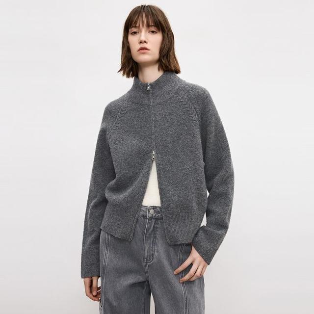 H'S 2024冬季新款极简miumiu灰百搭直身双拉链女士针织开衫