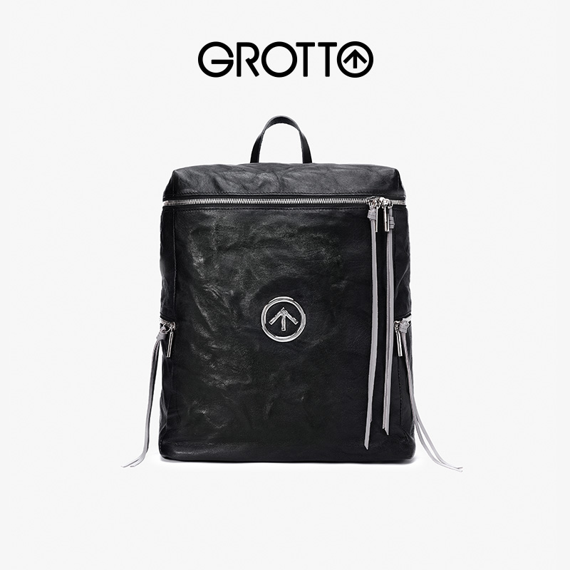 GROTTO个乐无性别主义黑石褶皱绵羊皮大号软皮双肩包