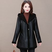 兰威费雷 女士加绒加厚连帽皮衣冬季新款外套