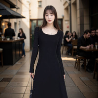FOURDATRY赫本风黑色内搭连衣裙子秋冬季女2024针织法式高级感包臀长裙 黑色 M