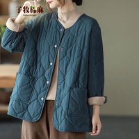 子牧棉麻2024冬装 女文艺百搭棉服轻薄款宽松显瘦休闲棉衣长袖外套3511 蓝色 M(95-115斤)