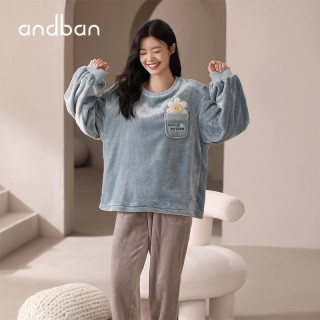 安之伴睡衣女晚秋冬法兰绒保暖厚款圆领可爱小花可外穿女士家居服套装 冰兰 L