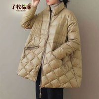 子牧棉麻2024冬装 女棉衣棉服文艺宽松长袖保暖显瘦百搭外套上衣4510 卡其色 均码(150斤内)