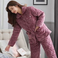 睡衣女秋冬季珊瑚绒三层夹棉加厚保暖加绒中老年家居服冬天款