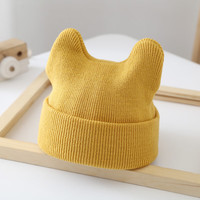 温小影 HELLO YING韩国儿童毛线帽秋冬男女可爱超萌韩版啾啾针织套头帽宝宝帽子冬季 姜黄色 小耳朵婴儿毛线帽 0-2岁+均码