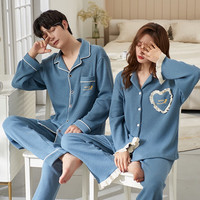 PEANOJEAN睡衣女秋新冬款韩版长袖开衫华夫格休闲男家居服可外穿E346 H8100 女L(96-115斤)