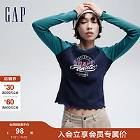 Gap 盖璞 女装2024春季logo撞色拼接插肩袖花边长袖上衣女友T888456 海军蓝 160/80A(S) 亚洲尺码