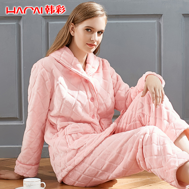 秋冬款睡衣女长袖珊瑚绒休闲保暖加厚法兰绒大码家居服套装女冬季