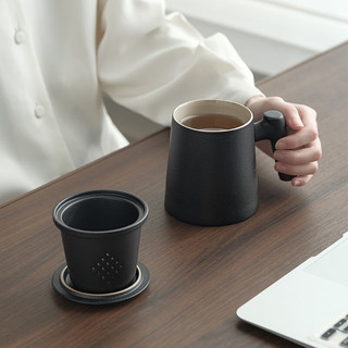 牧禾陶瓷马克杯办公室水杯泡茶杯带过滤内胆茶水分离家用带盖带柄杯子 木语办公杯—绿