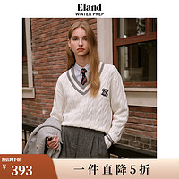 ELAND衣恋毛衣女中短款学院风绞花宽松撞色V领针织衫上衣春秋 象牙白/白色(39)Ivory S/160