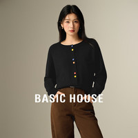 Basic House/百家好绵羊毛插肩袖针织衫韩系温柔圆领彩色纽扣开衫 黑色 S (85-105斤)