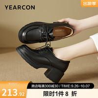 意尔康女鞋 单鞋女2024秋季真皮系带粗跟女休闲乐福鞋通勤小皮鞋 黑色 37