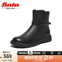 Bata 拔佳 时装靴女2024秋商场粗跟百搭羊皮通勤软底短筒靴AKQ52CD4 黑色 37