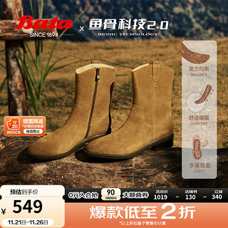 Bata 拔佳 小耳朵西部靴女2024冬商场牛剖皮复古时尚中筒时装靴AXG63DZ4 棕色 36