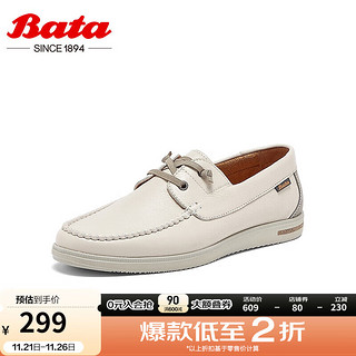 Bata 拔佳 商务休闲皮鞋男2024夏季新款英伦风通勤百搭牛皮单鞋90213BM4 米白 41