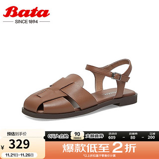 Bata 拔佳 包头凉鞋女春夏季平底牛皮镂空复古百搭罗马鞋93511AH 棕色 38