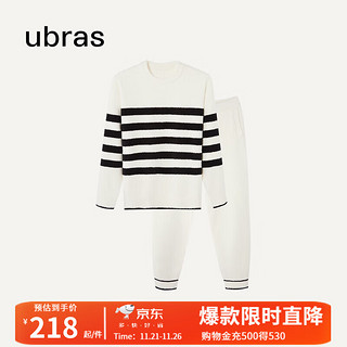 Ubras 23年慕斯绒条纹冬季保暖加绒家居服套装睡衣女 女款圆领-白色 L