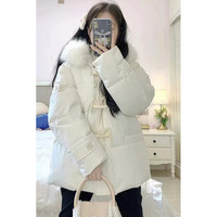 韩璐娇(hanlujiao)紫色羽绒棉服女冬季2024小个子连帽大毛领保暖牛角扣棉衣外套 米白色 M
