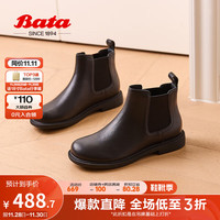 Bata切尔西靴女2023冬商场英伦风牛皮粗跟通勤短筒靴86818DD3 黑色-绒里 36