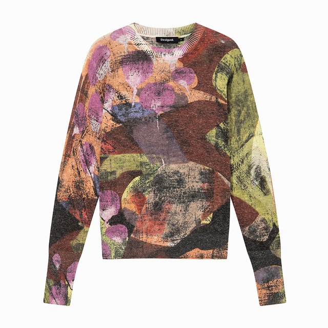 Desigual 24秋冬新款针织弹力花卉印花圆领长袖女式针织衫